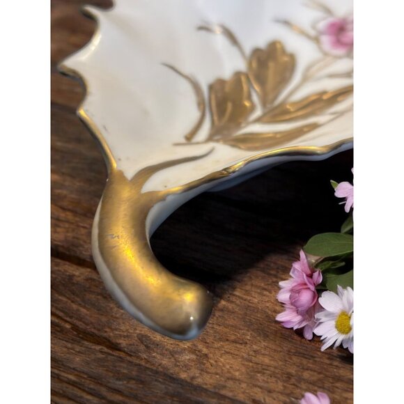 Vintage Kalk White German Porcelain Leaf Dish Floral Gold Trim Floral 10.5" cros - Picture 6 of 11